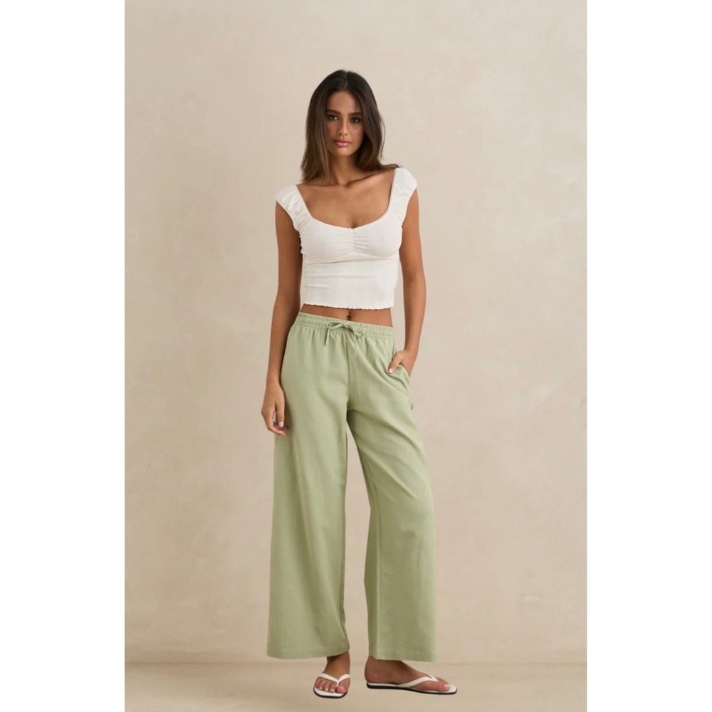 Rhythm Dolly Beach Pant Palm Sage Green Wide Leg Linen Blend Size 8 NEW